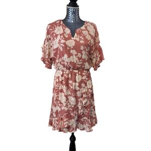 Luxology Floral Blush Pink V Neck Short Sleeve Mini Dress Ruffle Rayon Lined Sz8